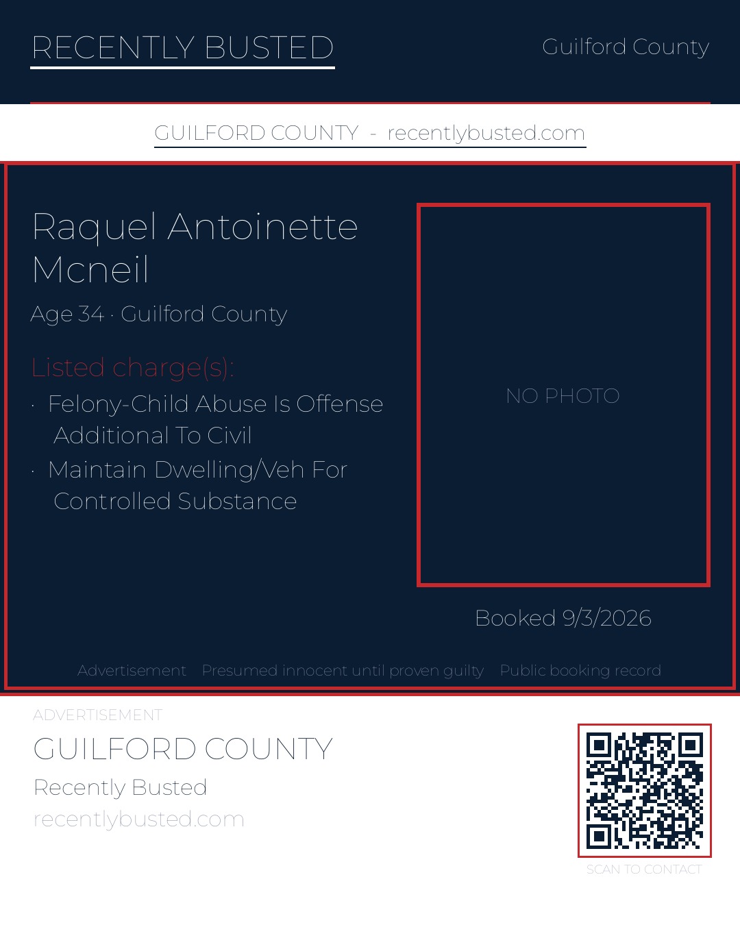 RAQUEL ANTOINETTE MCNEIL — arrest record card, Guilford County, North Carolina