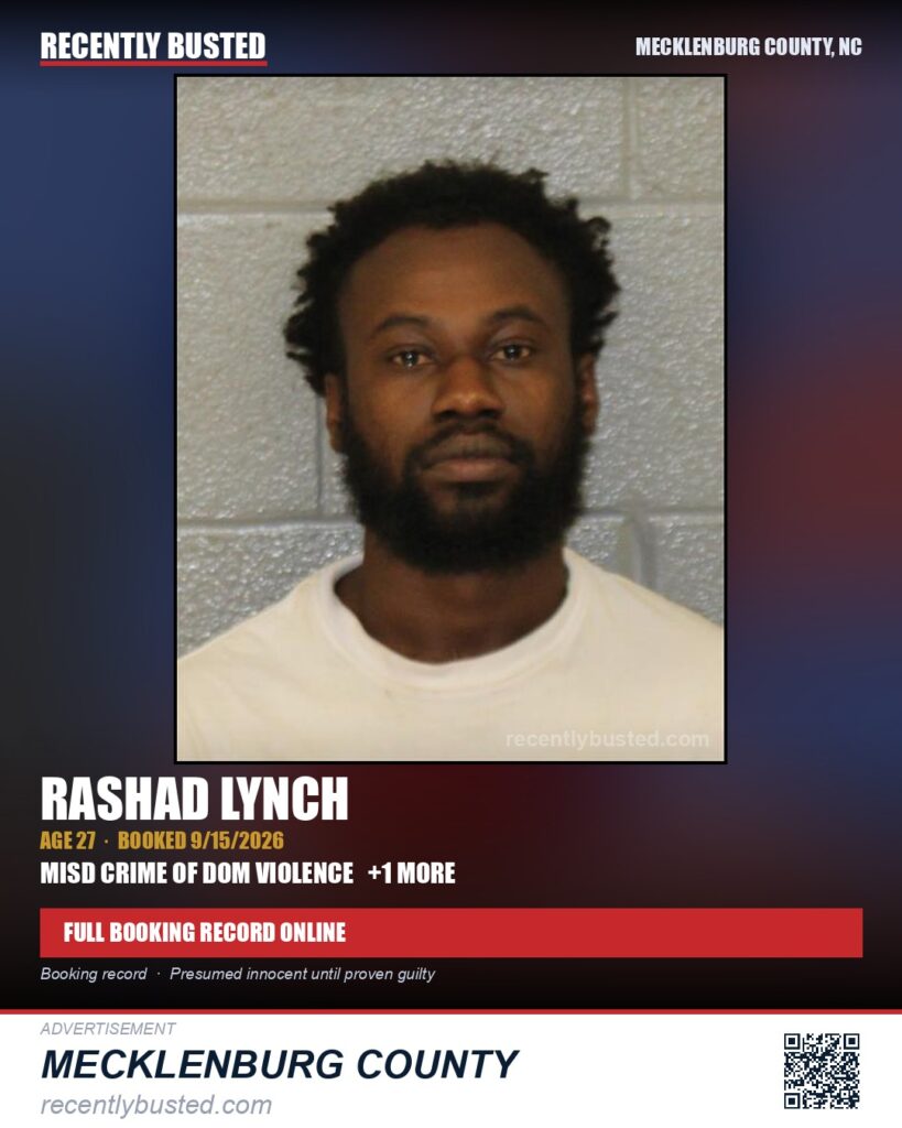RASHAD LYNCH — arrest record card, Mecklenburg County, North Carolina