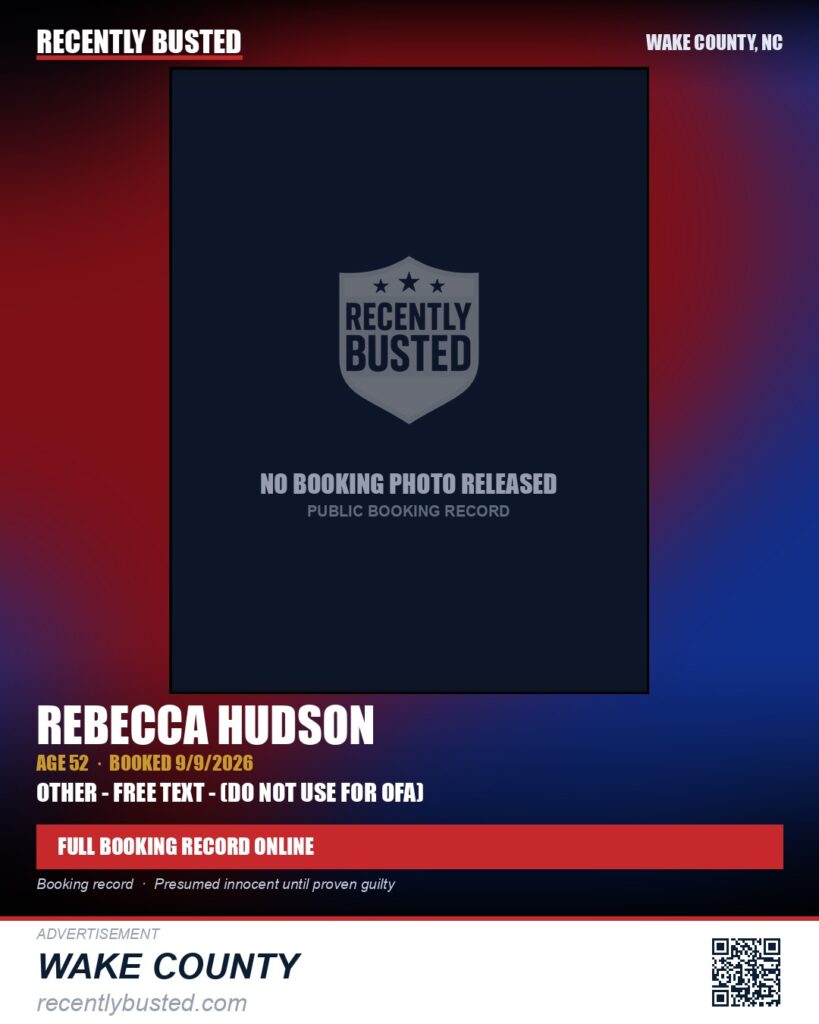 REBECCA HUDSON — arrest record card, Wake County, North Carolina