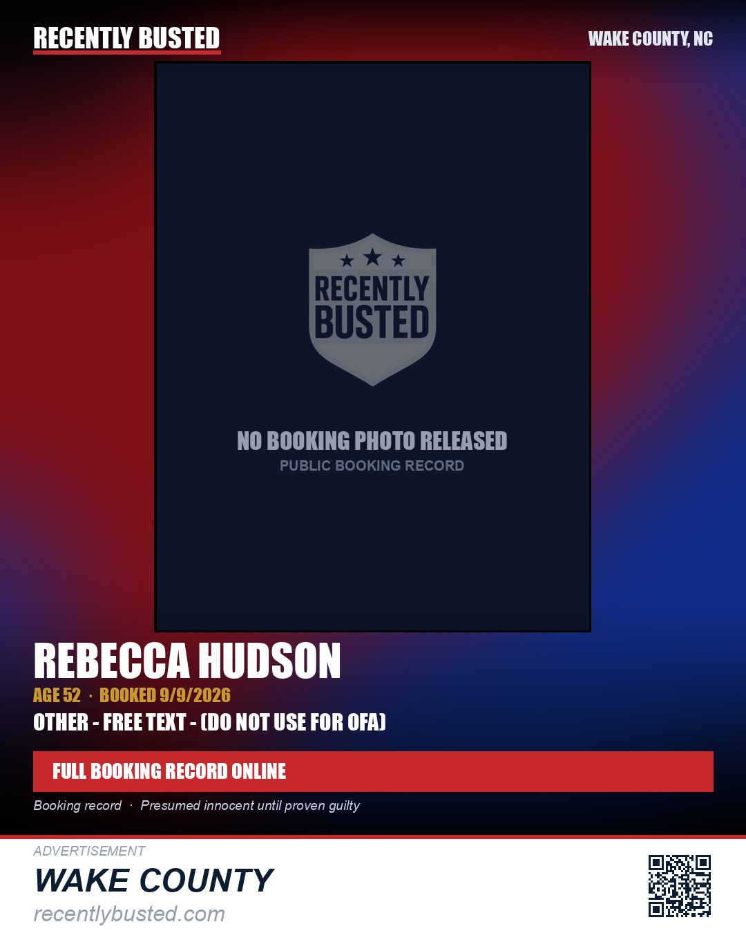 REBECCA HUDSON — arrest record card, Wake County, North Carolina