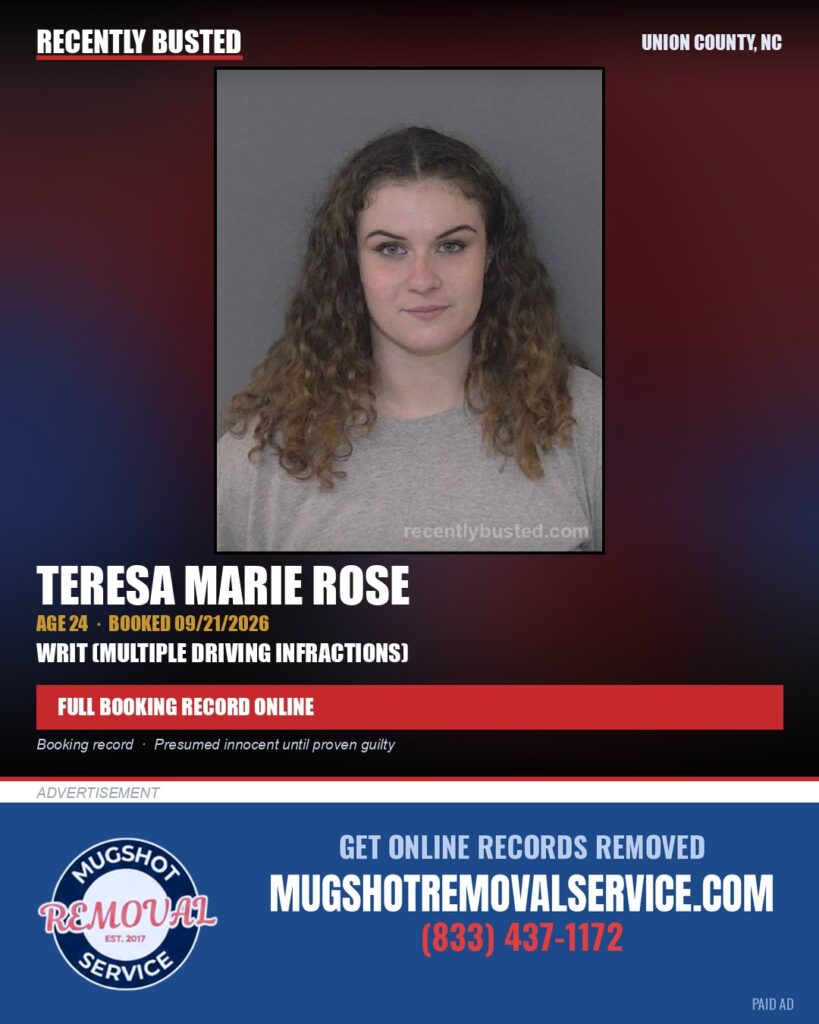 ROSE, TERESA MARIE — arrest record card, Union County, North Carolina