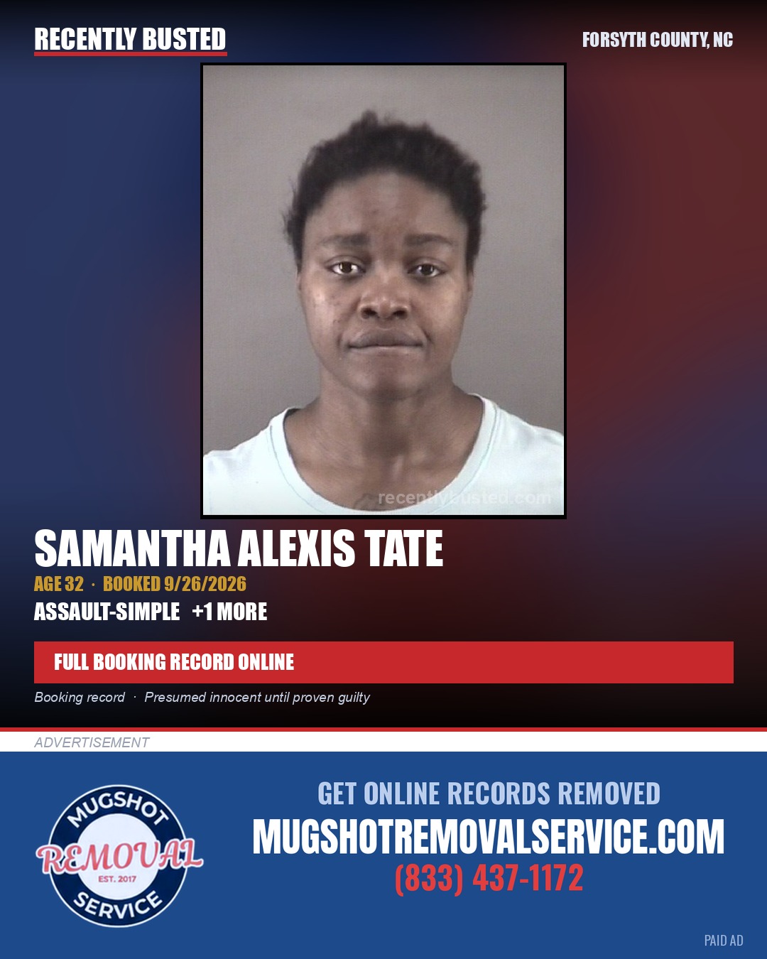 SAMANTHA ALEXIS TATE — arrest record card, Forsyth County, North Carolina