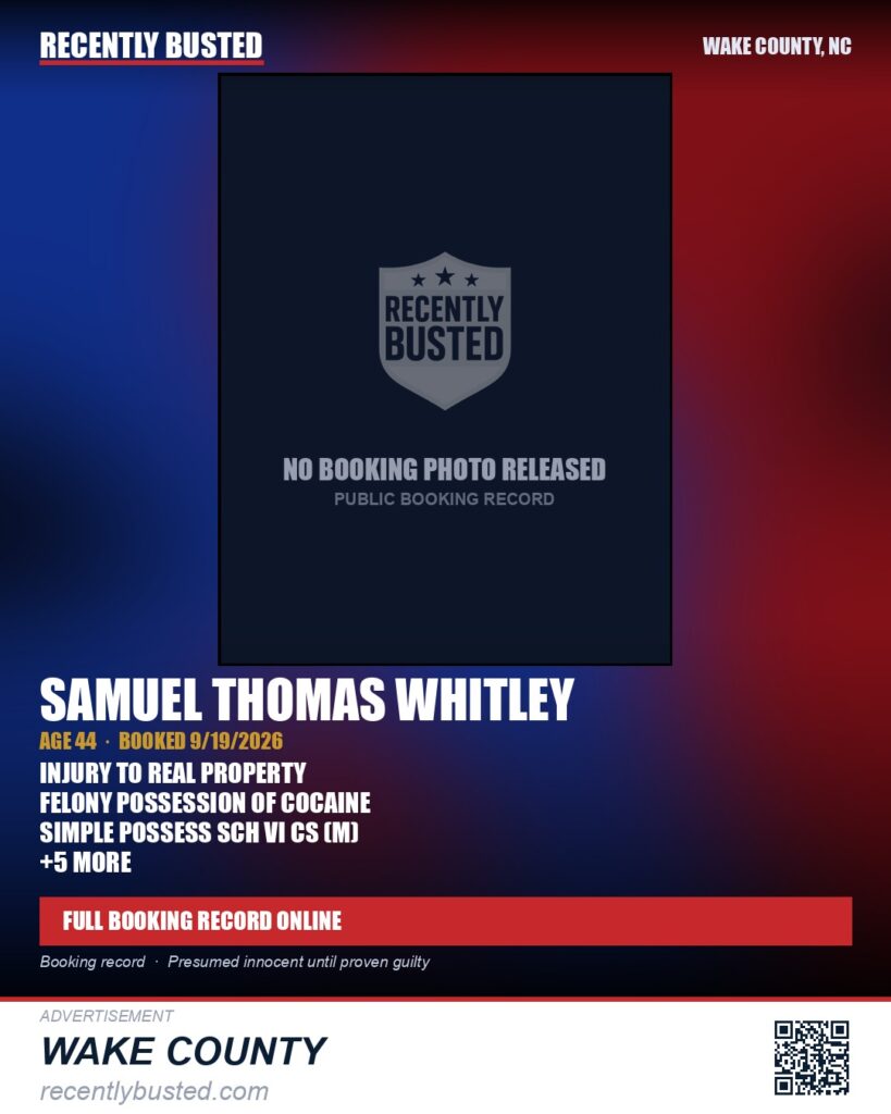 SAMUEL THOMAS WHITLEY — arrest record card, Wake County, North Carolina