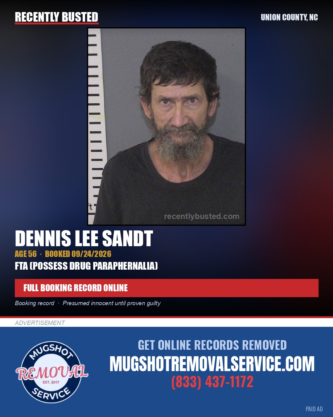SANDT, DENNIS LEE — arrest record card, Union County, North Carolina