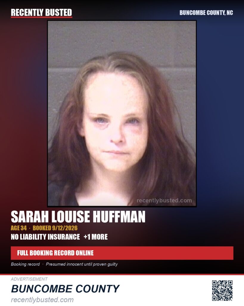 SARAH LOUISE HUFFMAN — arrest record card, Buncombe County, North Carolina