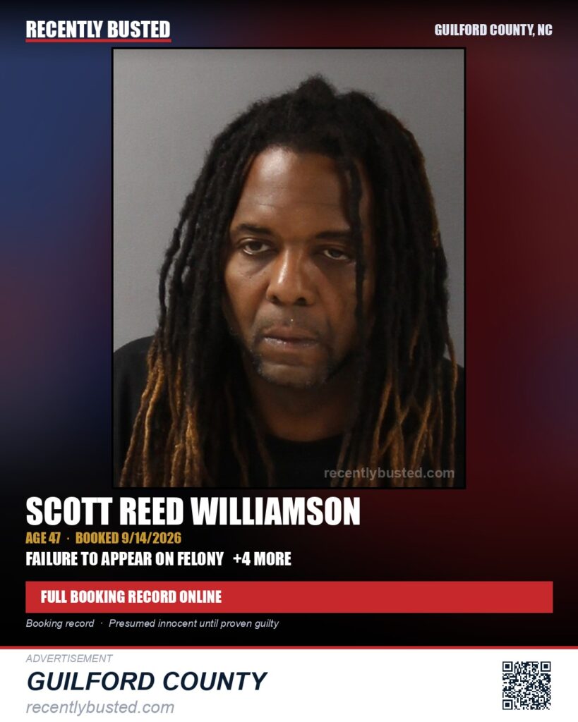 SCOTT REED WILLIAMSON — arrest record card, Guilford County, North Carolina