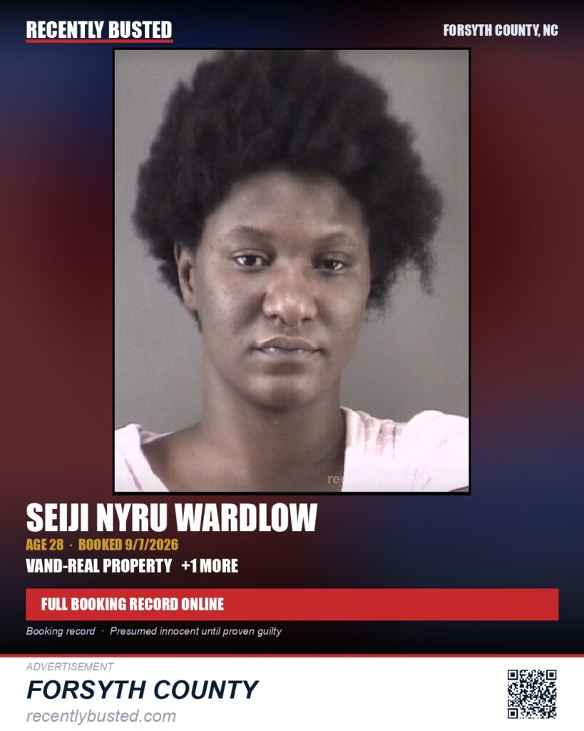 SEIJI NYRU WARDLOW — arrest record card, Forsyth County, North Carolina