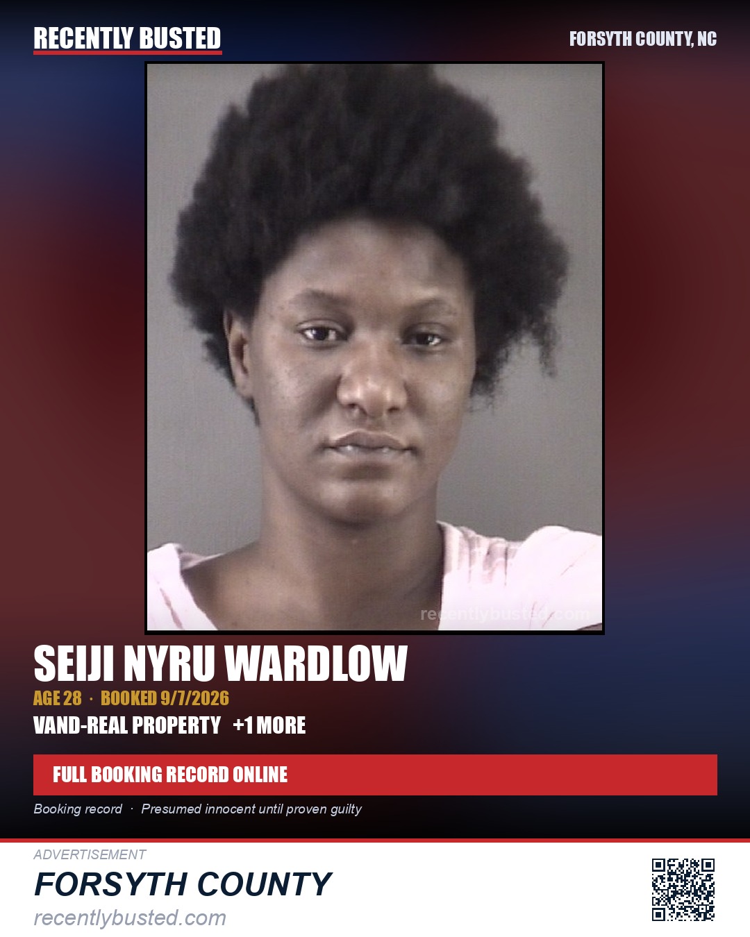 SEIJI NYRU WARDLOW — arrest record card, Forsyth County, North Carolina