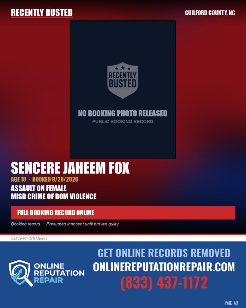 SENCERE JAHEEM FOX — arrest record card, Guilford County, North Carolina