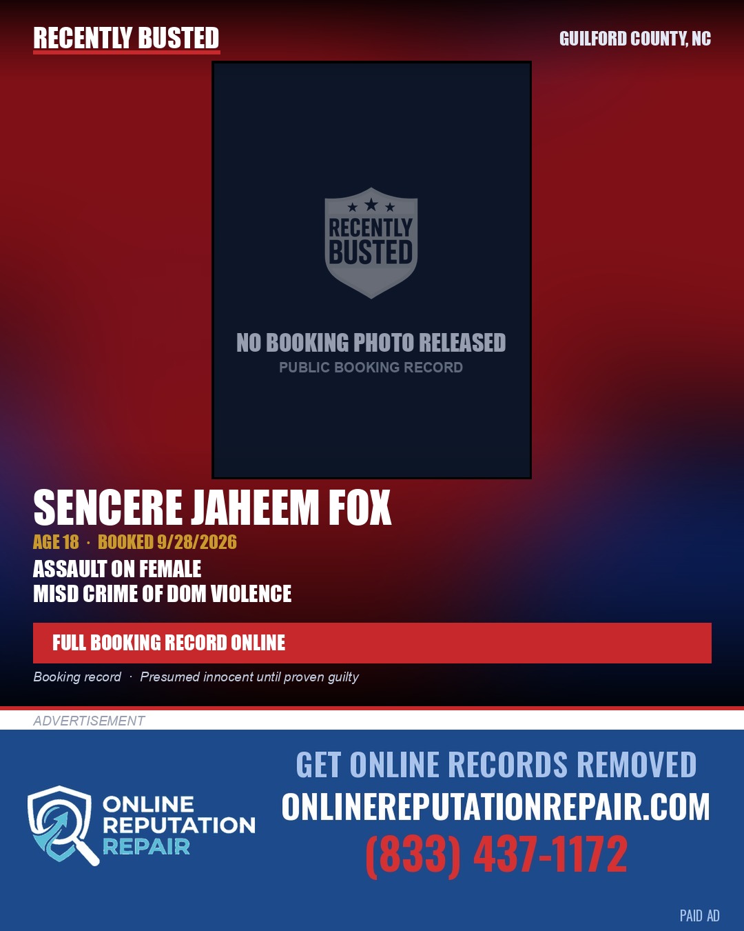 SENCERE JAHEEM FOX — arrest record card, Guilford County, North Carolina