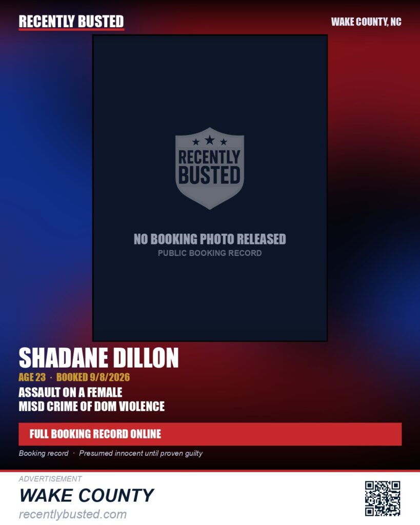 SHADANE DILLON — arrest record card, Wake County, North Carolina