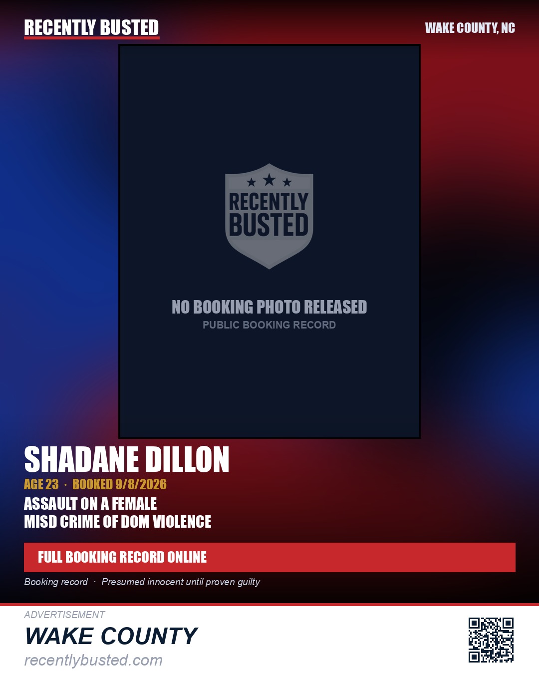 SHADANE DILLON — arrest record card, Wake County, North Carolina