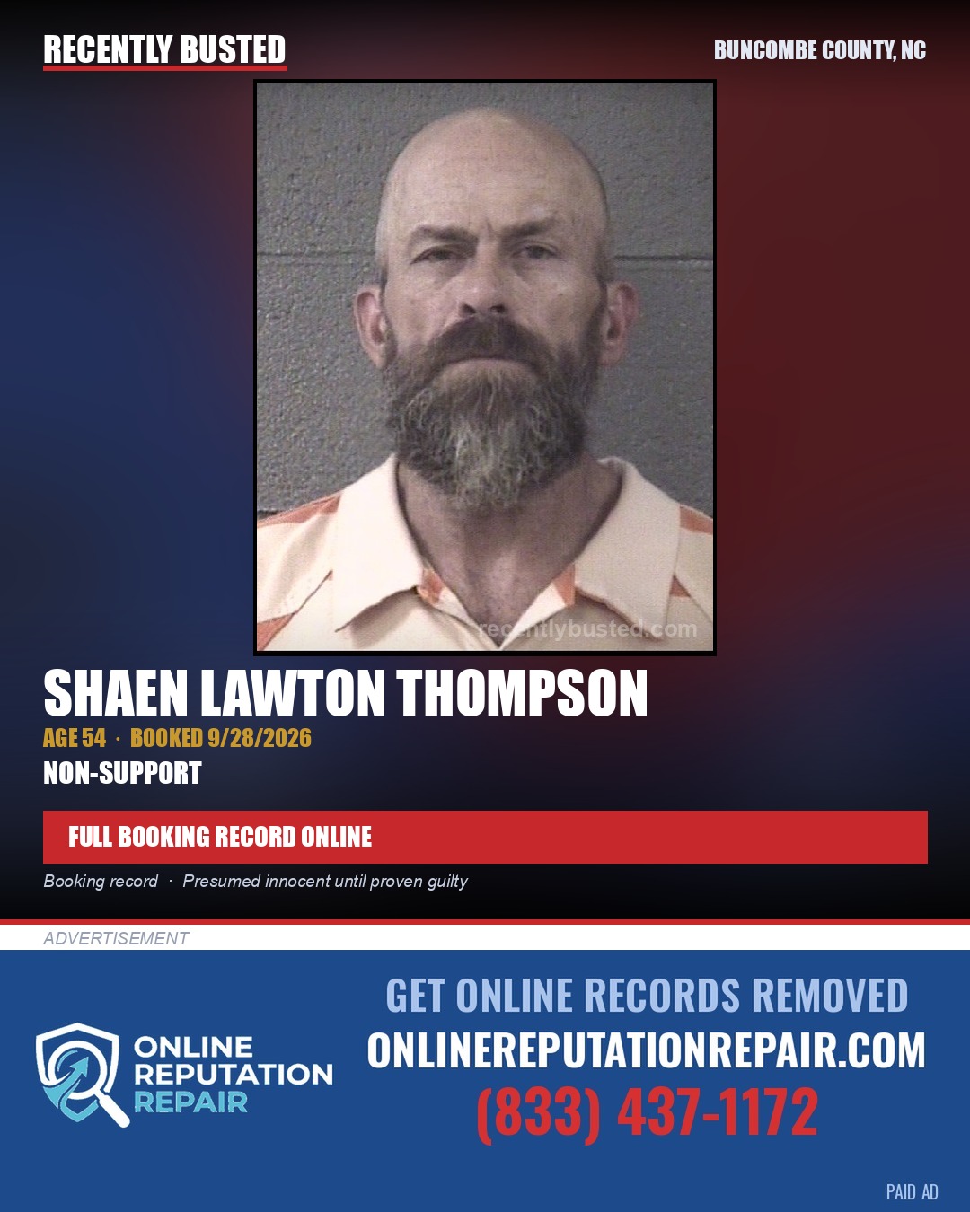 SHAEN LAWTON THOMPSON — arrest record card, Buncombe County, North Carolina
