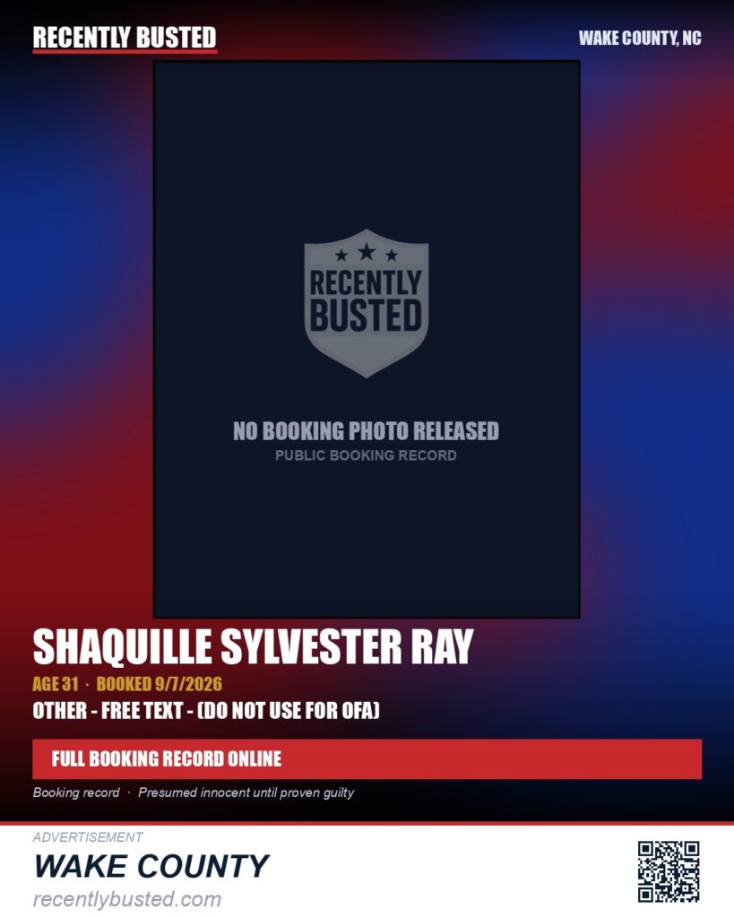 SHAQUILLE SYLVESTER RAY — arrest record card, Wake County, North Carolina