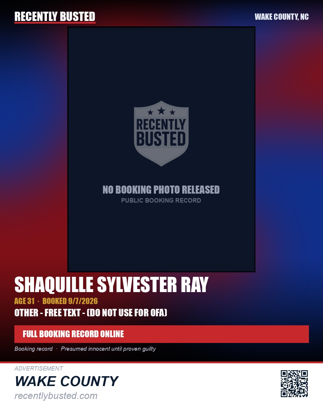 SHAQUILLE SYLVESTER RAY — arrest record card, Wake County, North Carolina