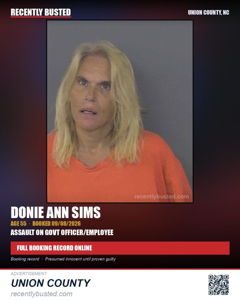 SIMS, DONIE ANN — arrest record card, Union County, North Carolina