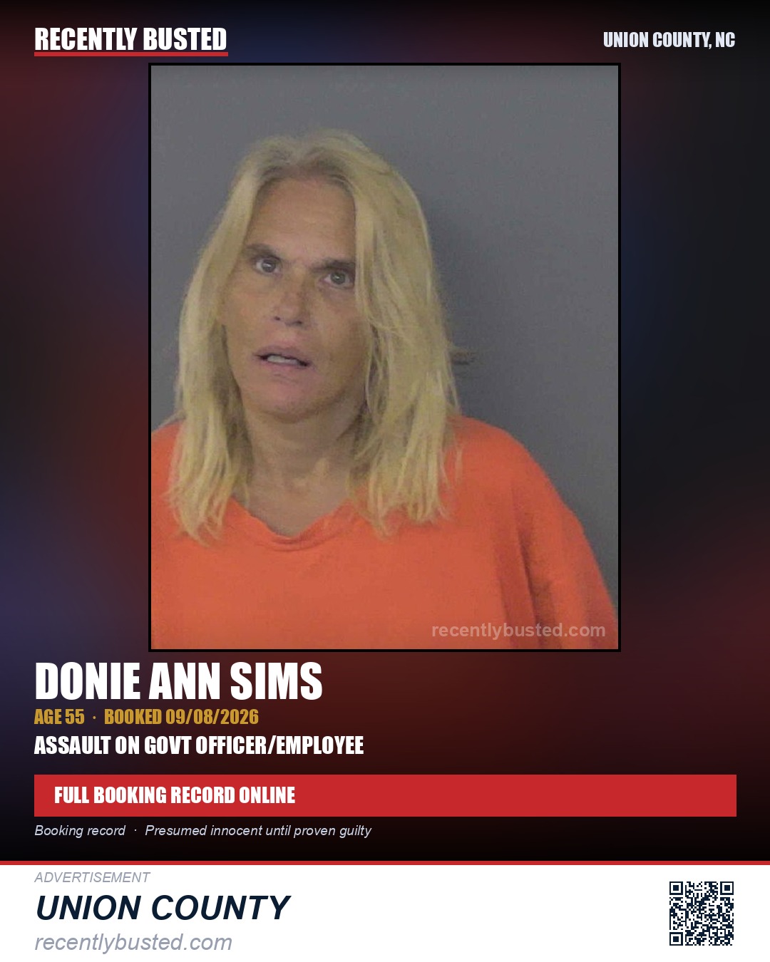 SIMS, DONIE ANN — arrest record card, Union County, North Carolina