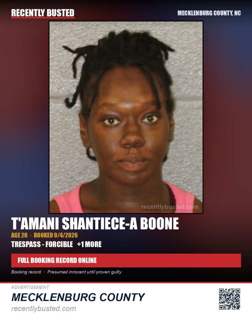 T’AMANI SHANTIECE-A BOONE — arrest record card, Mecklenburg County, North Carolina