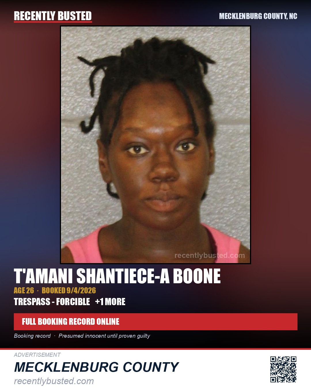 T'AMANI SHANTIECE-A BOONE — arrest record card, Mecklenburg County, North Carolina