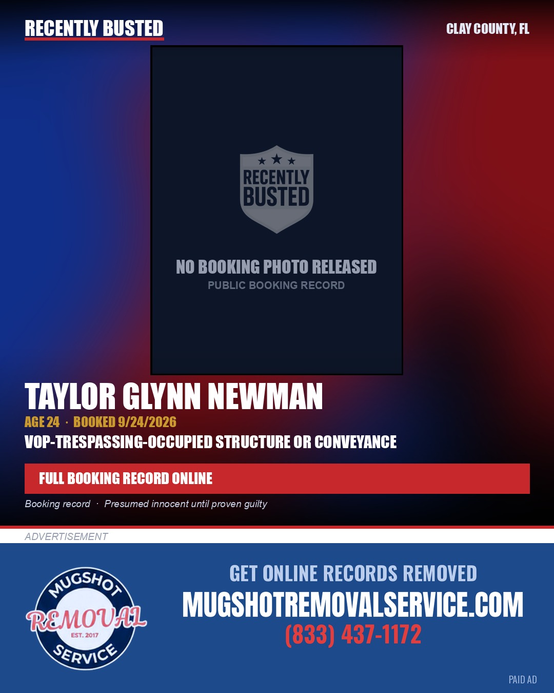 TAYLOR GLYNN NEWMAN — arrest record card, Clay County, Florida
