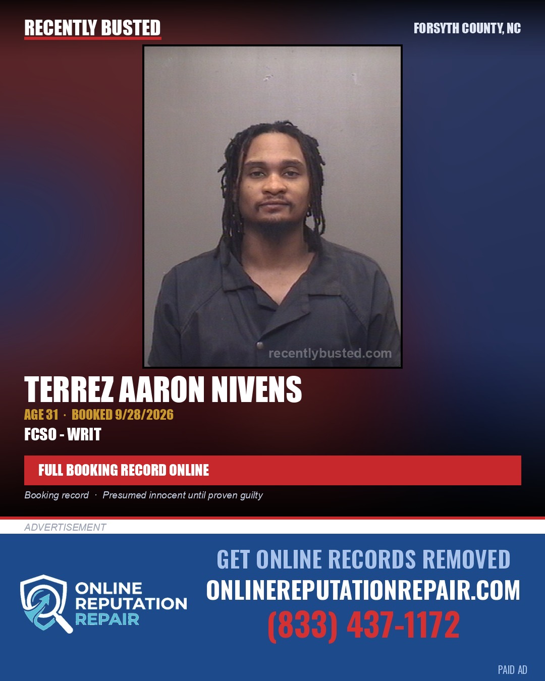 TERREZ AARON NIVENS — arrest record card, Forsyth County, North Carolina