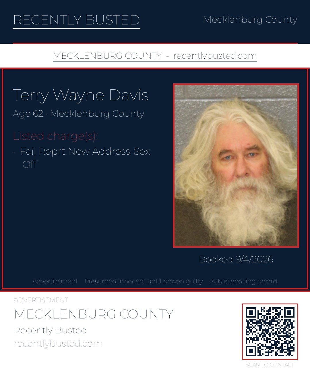 TERRY WAYNE DAVIS — arrest record card, Mecklenburg County, North Carolina