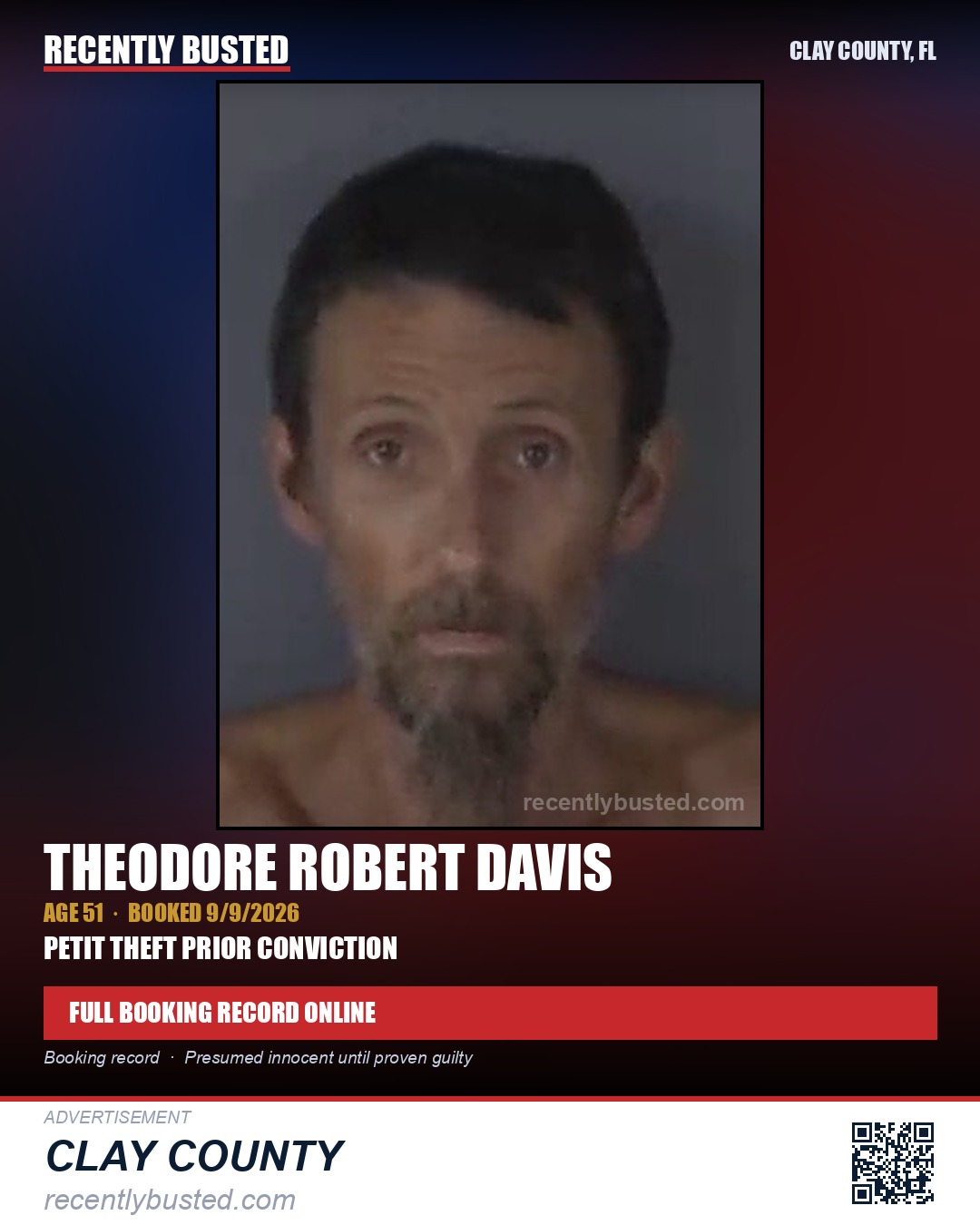 THEODORE ROBERT DAVIS — arrest record card, Clay County, Florida