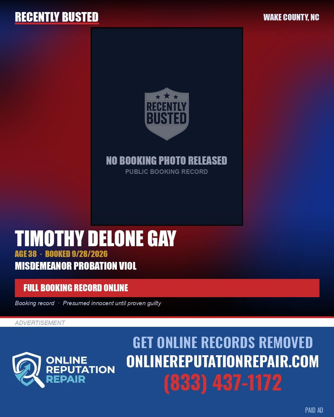 TIMOTHY DELONE GAY — arrest record card, Wake County, North Carolina