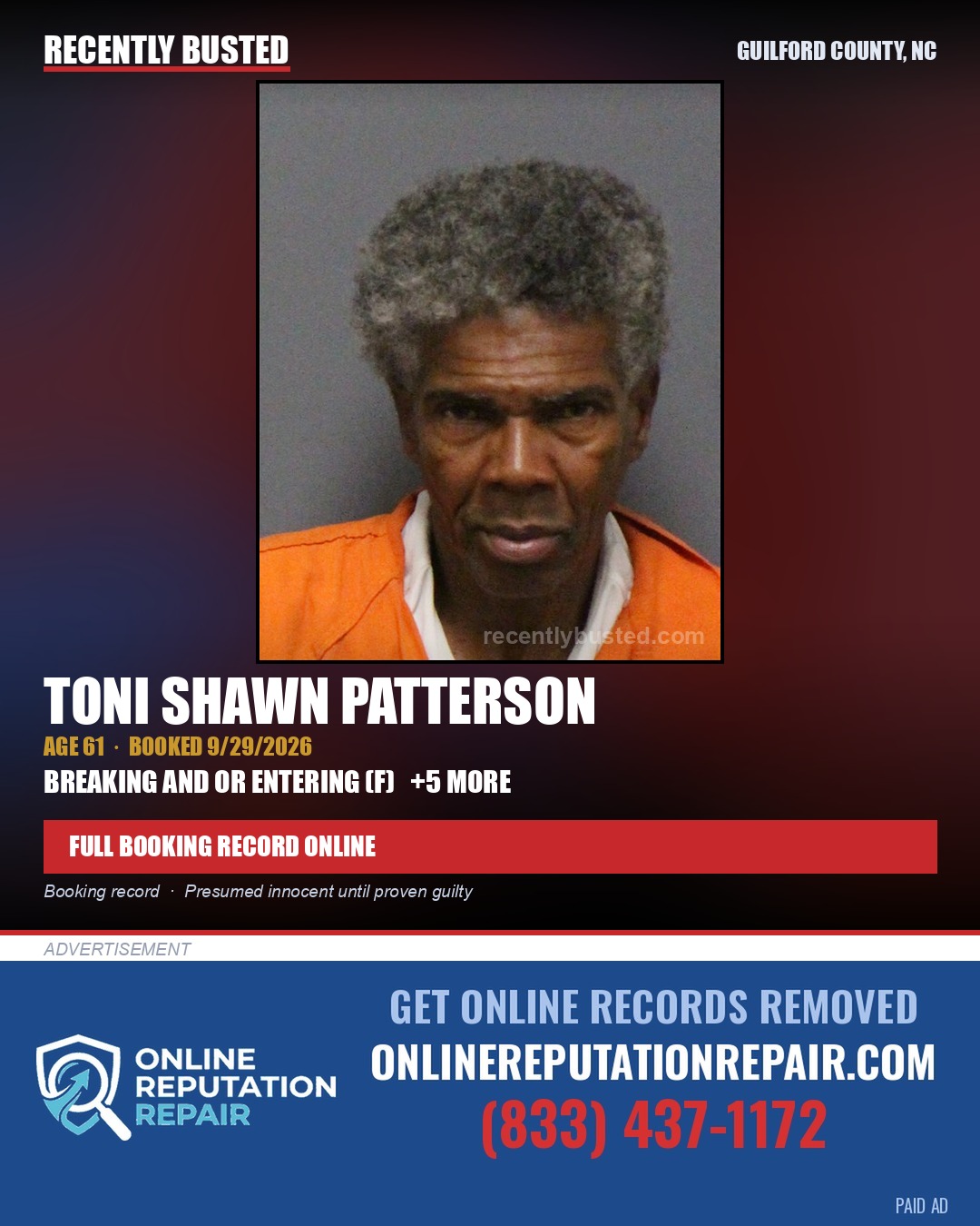 TONI SHAWN PATTERSON — arrest record card, Guilford County, North Carolina