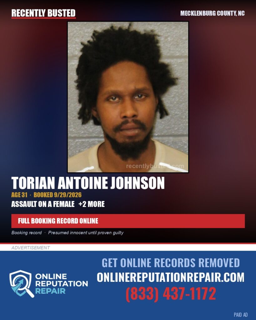 TORIAN ANTOINE JOHNSON — arrest record card, Mecklenburg County, North Carolina