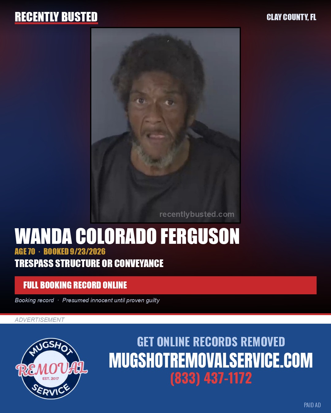 WANDA COLORADO FERGUSON — arrest record card, Clay County, Florida