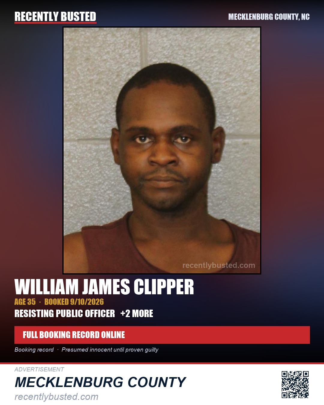 WILLIAM JAMES CLIPPER — arrest record card, Mecklenburg County, North Carolina