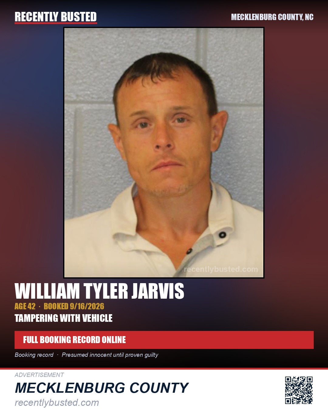 WILLIAM TYLER JARVIS — arrest record card, Mecklenburg County, North Carolina