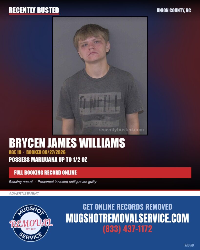 WILLIAMS, BRYCEN JAMES — arrest record card, Union County, North Carolina