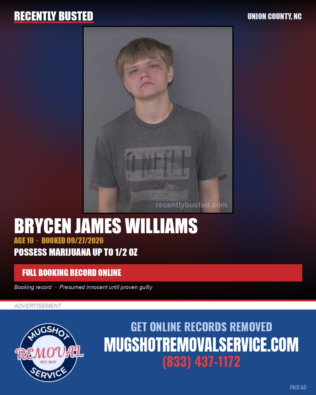 WILLIAMS, BRYCEN JAMES — arrest record card, Union County, North Carolina