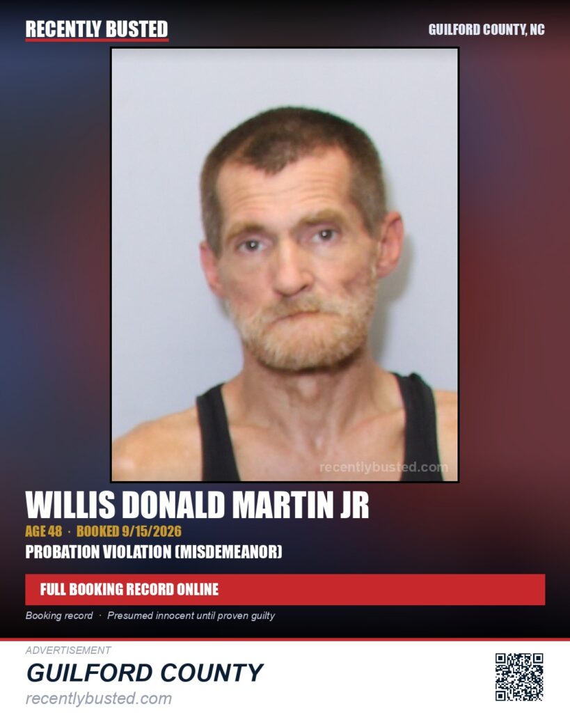 WILLIS DONALD MARTIN JR — arrest record card, Guilford County, North Carolina