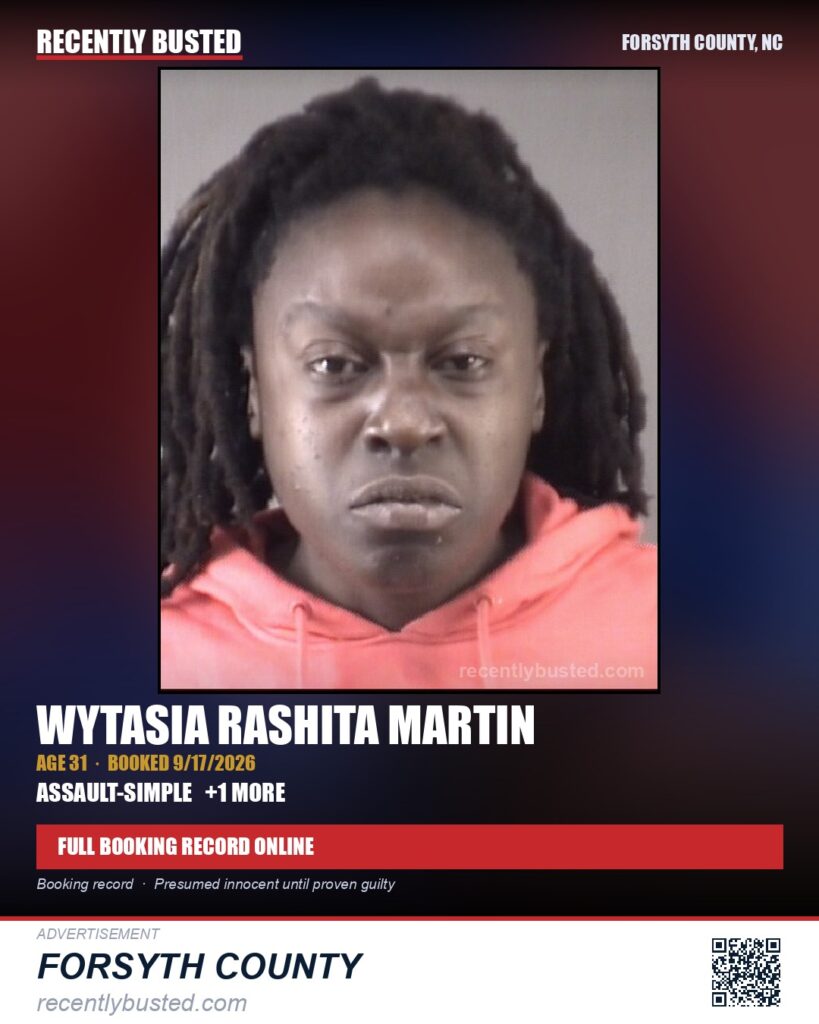 WYTASIA RASHITA MARTIN — arrest record card, Forsyth County, North Carolina