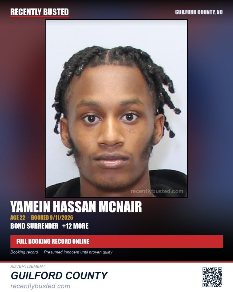 YAMEIN HASSAN MCNAIR — arrest record card, Guilford County, North Carolina