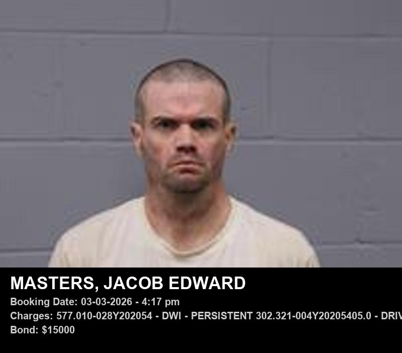 JACOB EDWARD MASTERS — arrest record card, Johnson County, Missouri