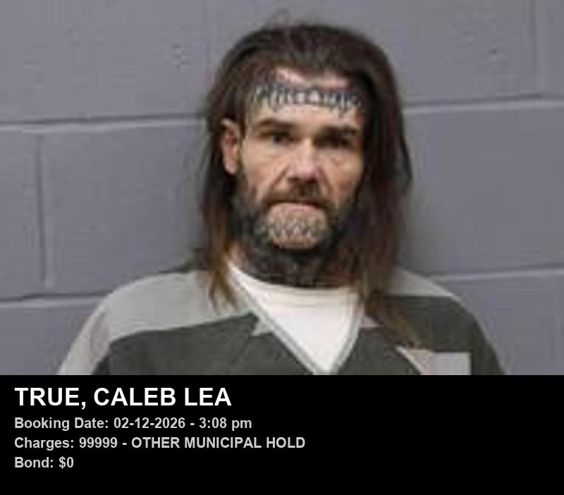 CALEB LEA TRUE — arrest record card, Johnson County, Missouri