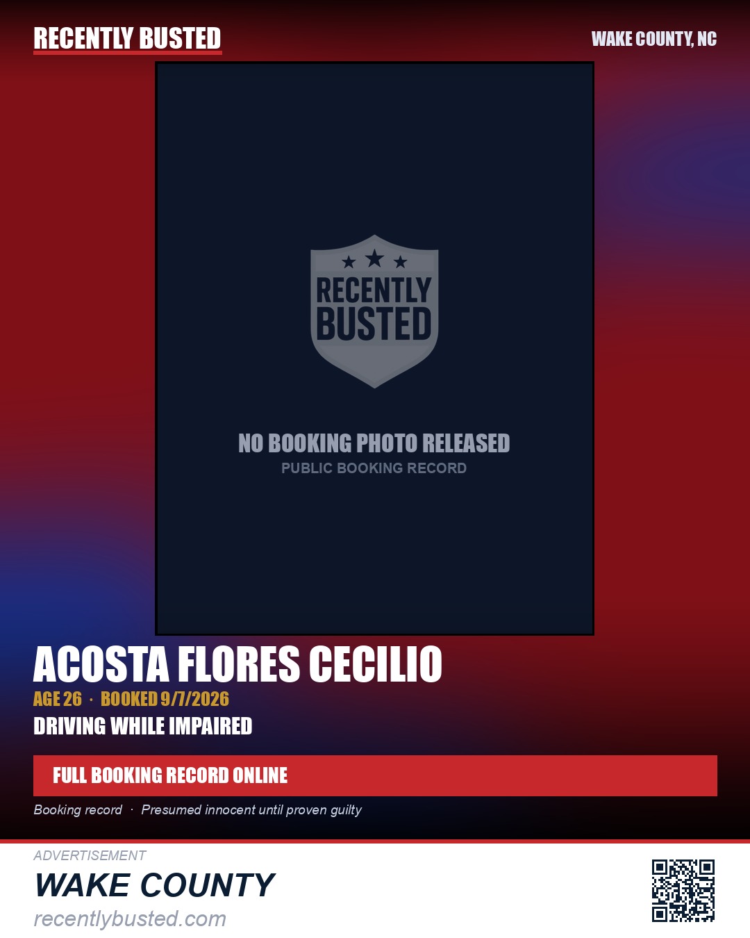 ACOSTA FLORES CECILIO — arrest record card, Wake County, North Carolina