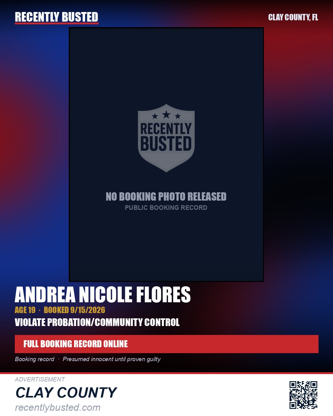 ANDREA NICOLE FLORES — arrest record card, Clay County, Florida
