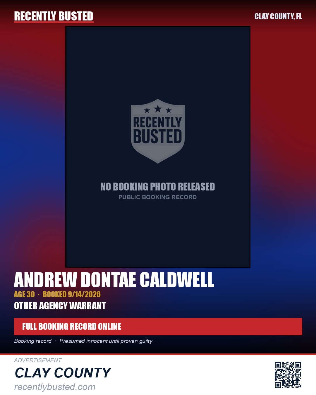 ANDREW DONTAE CALDWELL — arrest record card, Clay County, Florida
