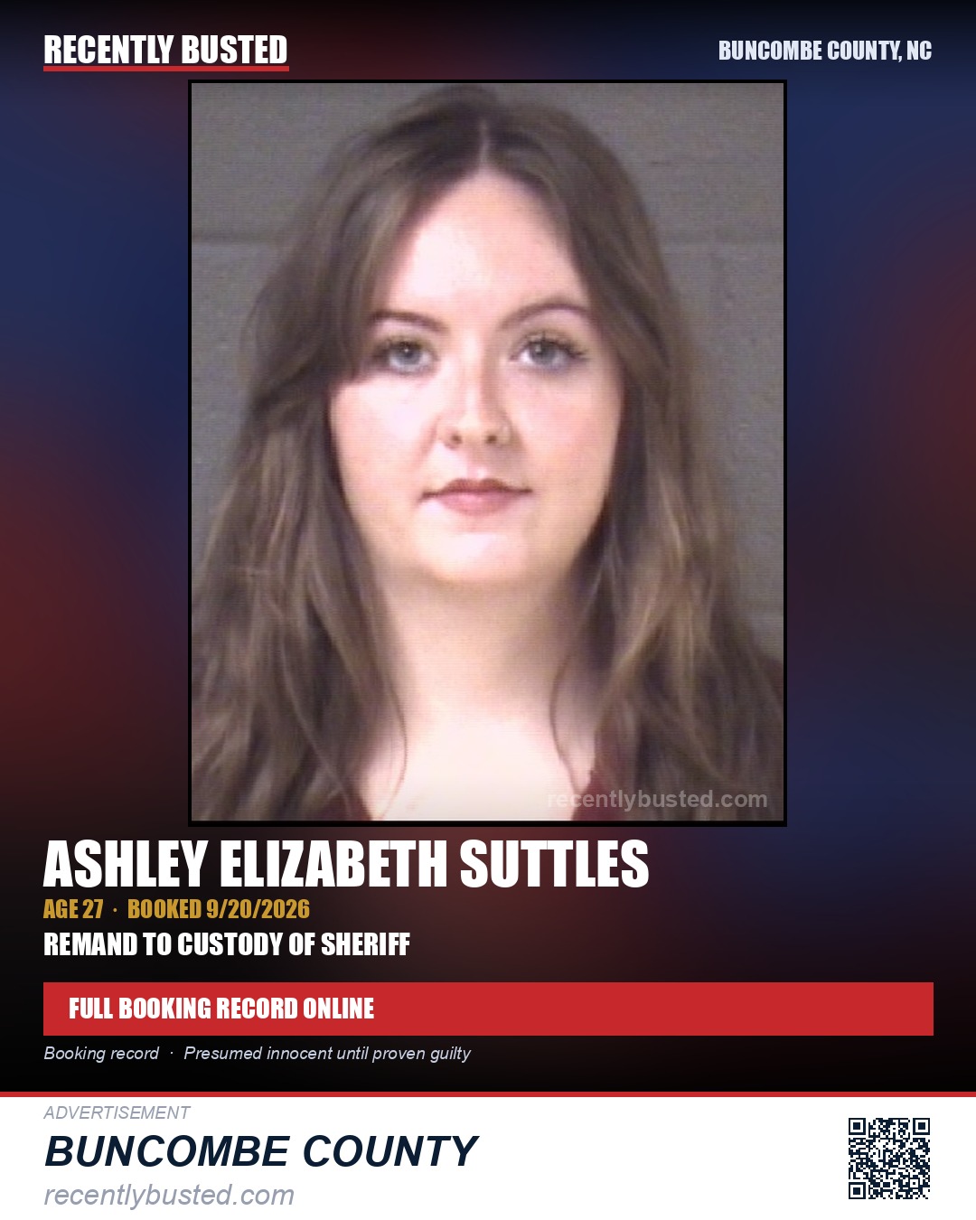 ASHLEY ELIZABETH SUTTLES — arrest record card, Buncombe County, North Carolina