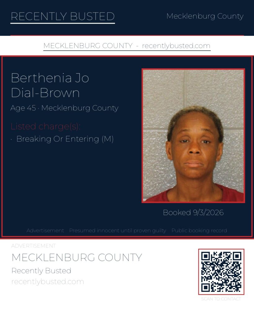 BERTHENIA JO DIAL-BROWN — arrest record card, Mecklenburg County, North Carolina