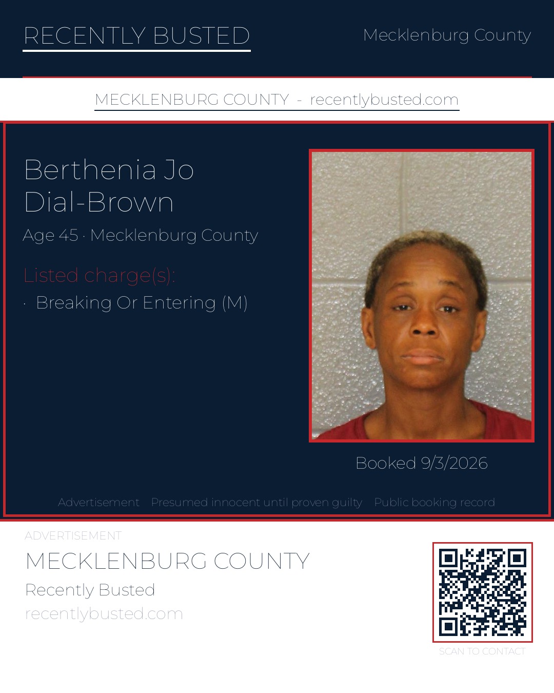 BERTHENIA JO DIAL-BROWN — arrest record card, Mecklenburg County, North Carolina