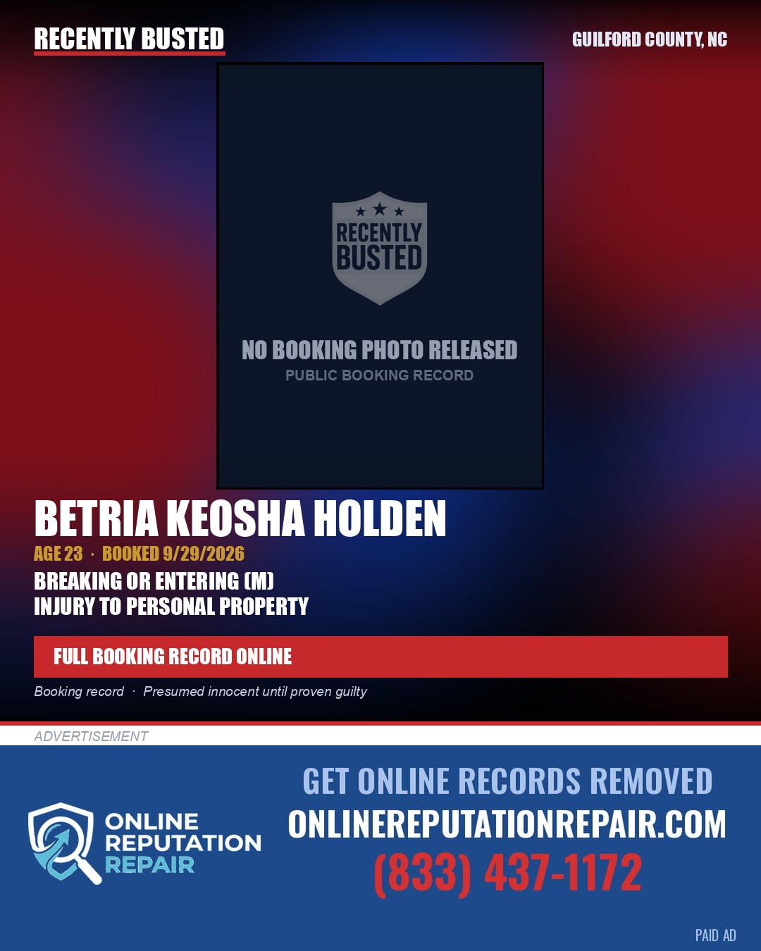 BETRIA KEOSHA HOLDEN — arrest record card, Guilford County, North Carolina