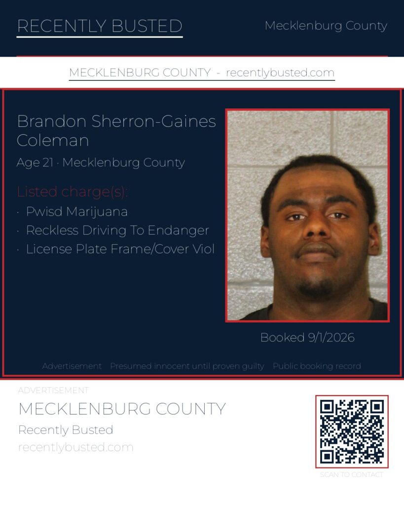 BRANDON SHERRON-GAINES COLEMAN — arrest record card, Mecklenburg County, North Carolina