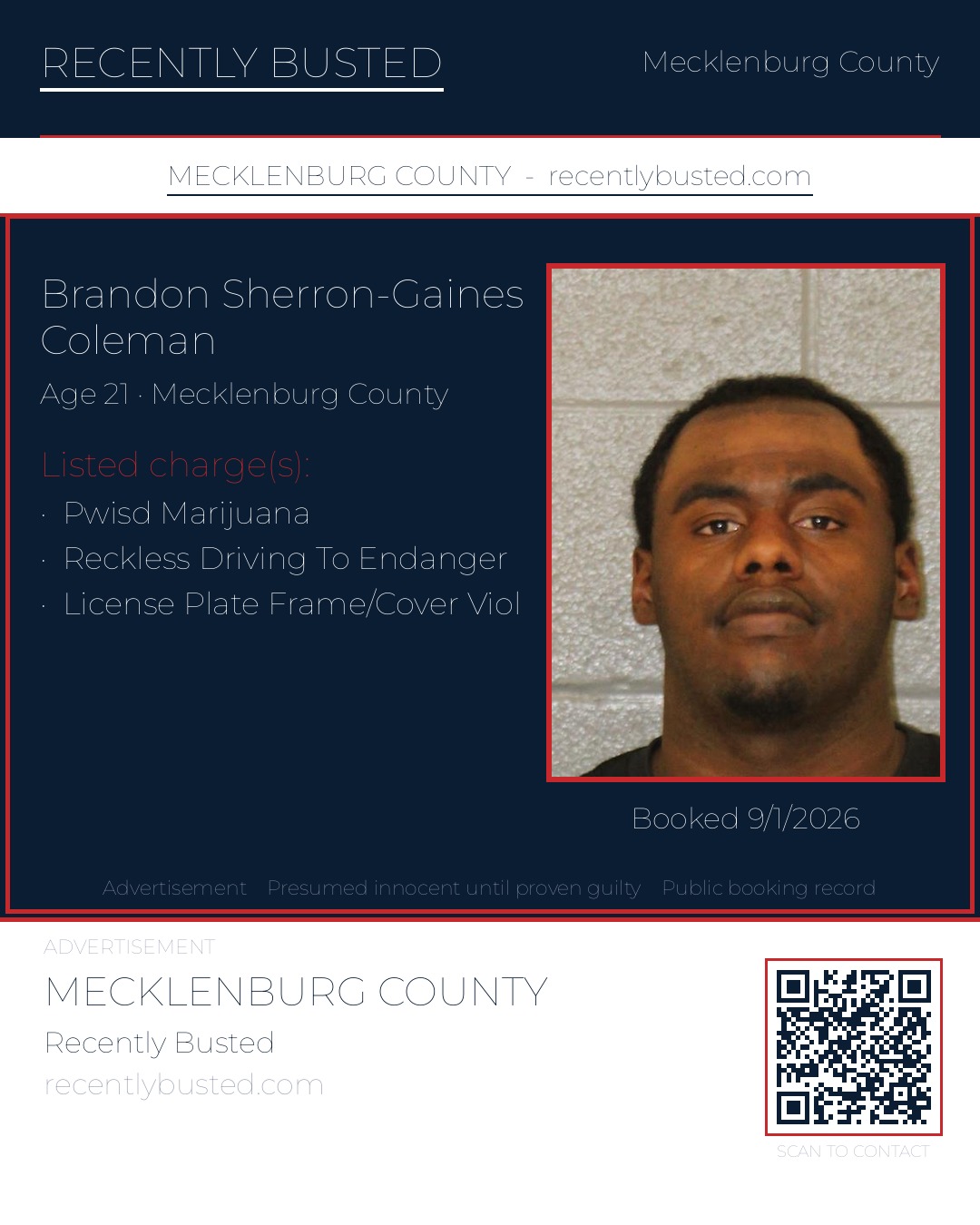 BRANDON SHERRON-GAINES COLEMAN — arrest record card, Mecklenburg County, North Carolina