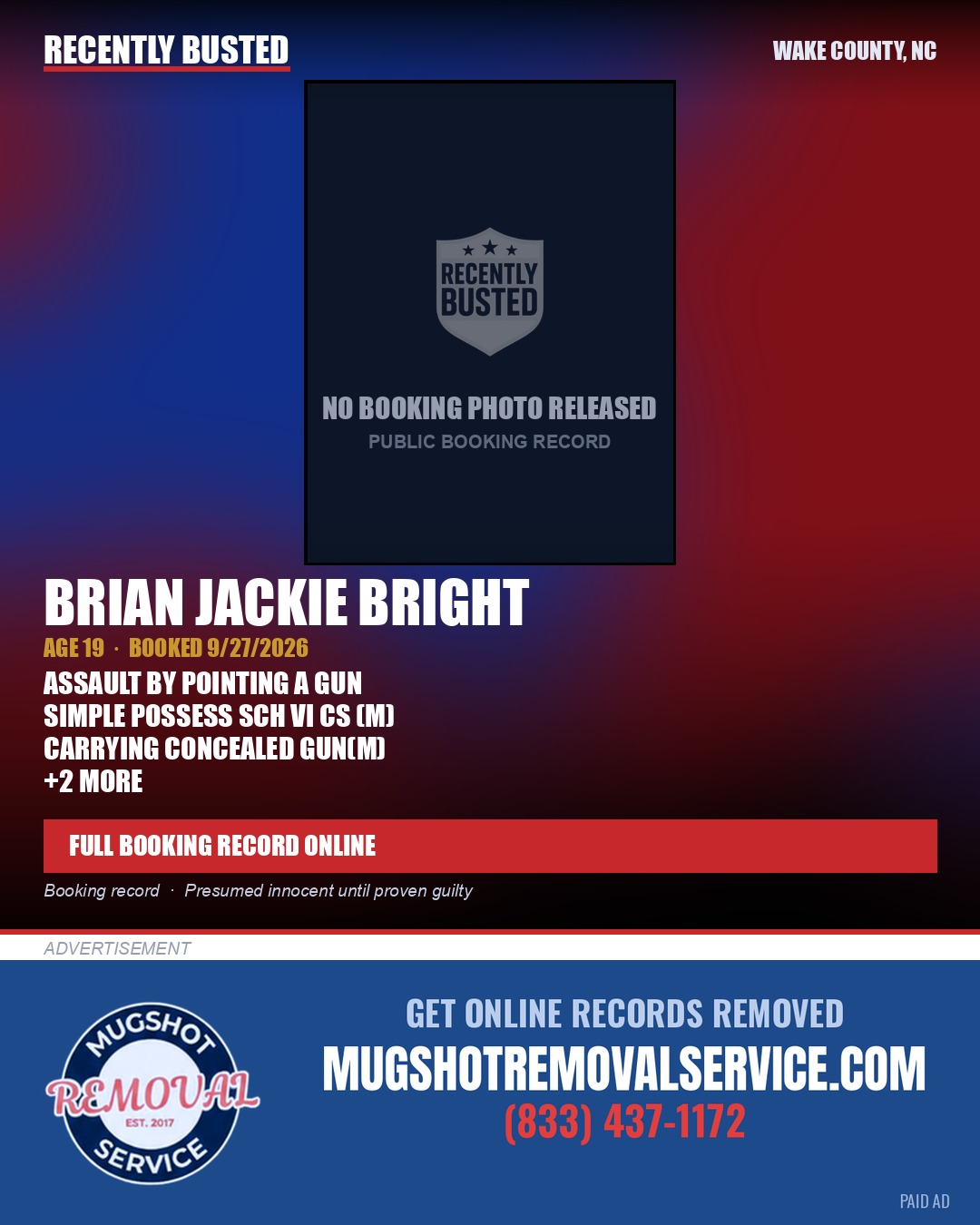 BRIAN JACKIE BRIGHT — arrest record card, Wake County, North Carolina